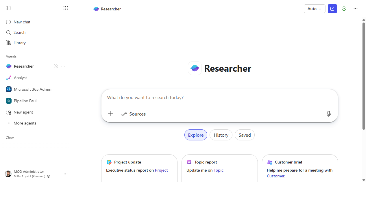 Researcher agent open in Microsoft 365 Copilot
