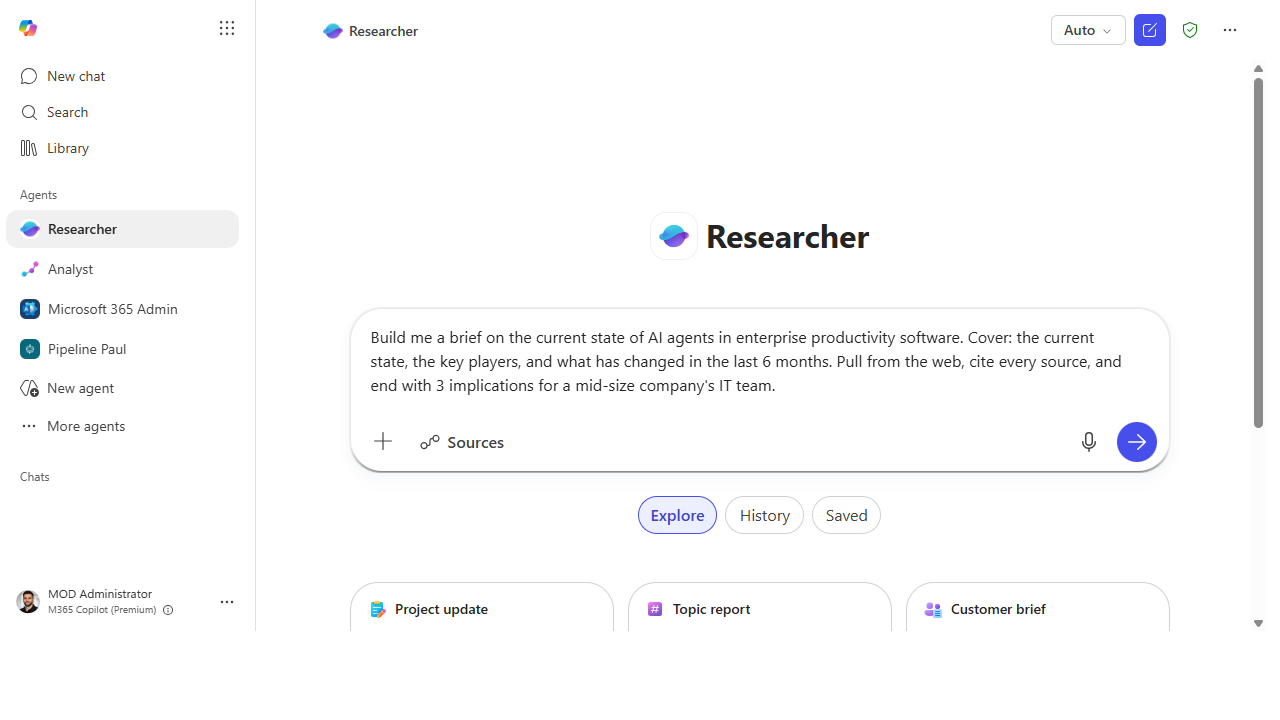 The research prompt entered in the Researcher composer