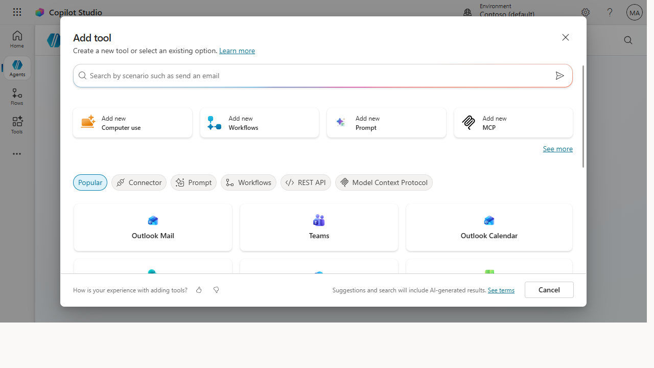 The Add tool gallery showing Connector, Prompt, Workflows, REST API and MCP categories with connector cards