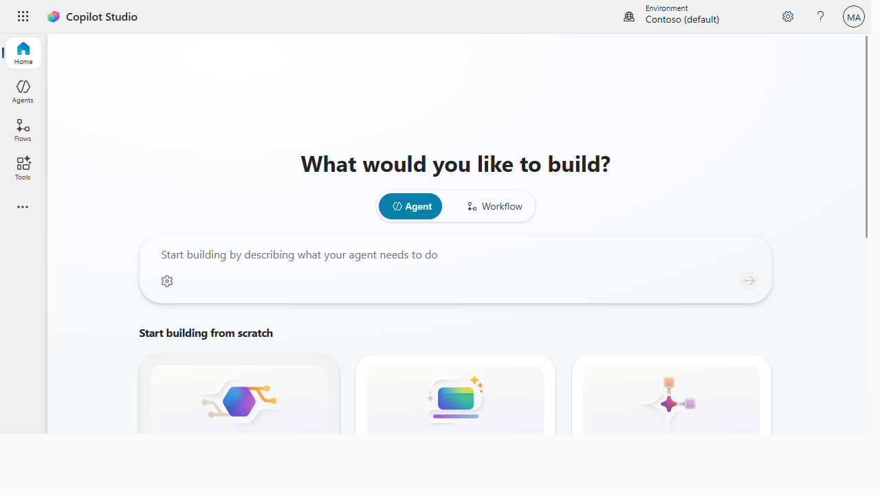Copilot Studio home asking "What would you like to build?" with a describe box and build-from-scratch cards