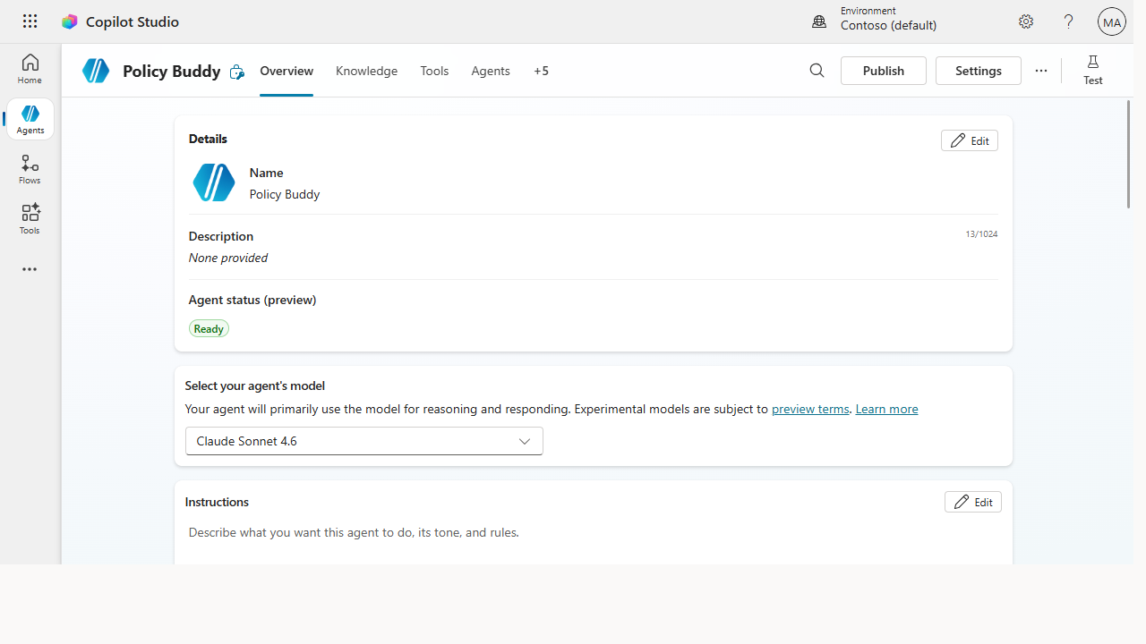The Policy Buddy agent Overview tab with name, model selector, and instructions