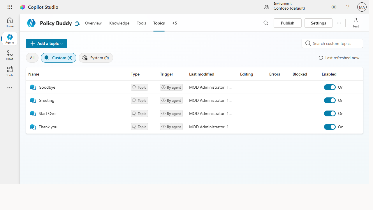 The Topics tab listing custom and system topics with triggers and enabled toggles
