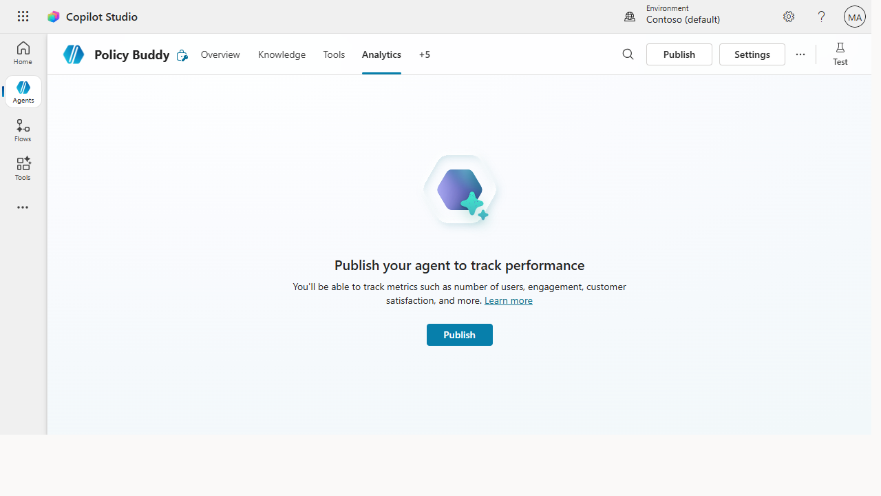 The Analytics tab inviting you to publish to track usage, engagement and satisfaction metrics