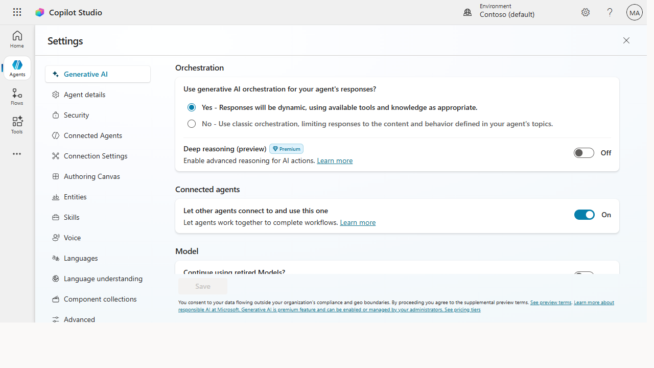 Agent Settings showing Generative AI orchestration, moderation, security and connected-agent guardrails