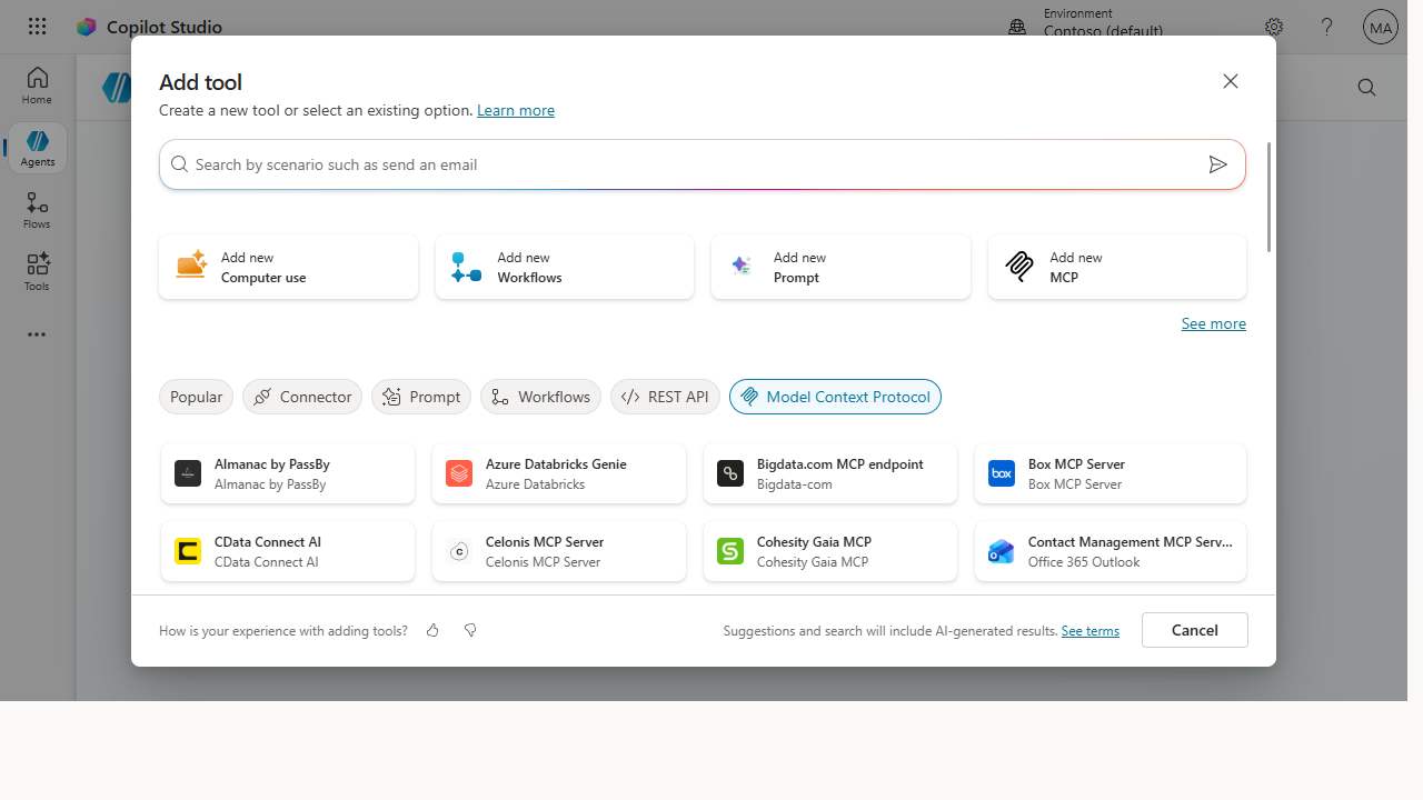 The Add tool gallery filtered to Model Context Protocol, listing MCP servers and an Add new MCP card