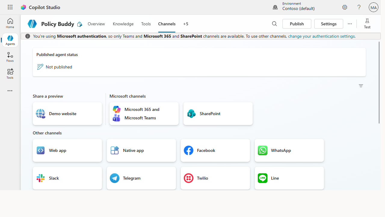 The Channels tab showing published status, a Publish button, and Microsoft and other channel options
