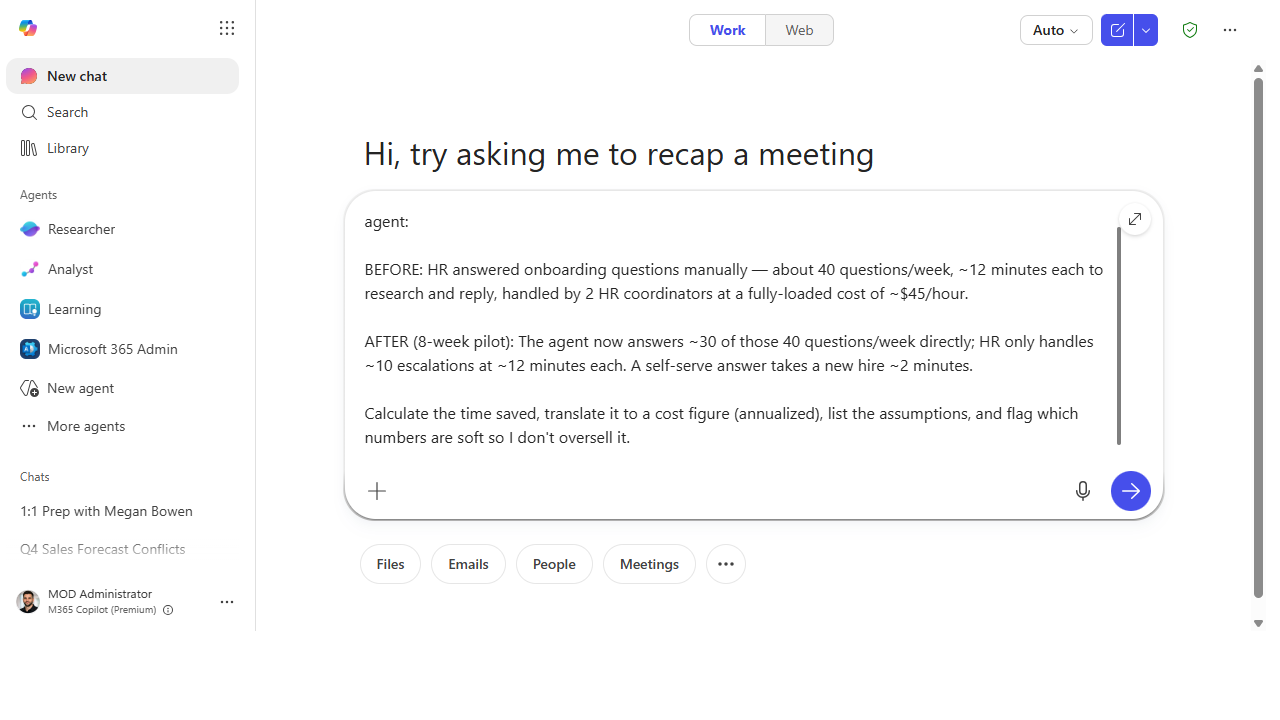 Prompt giving Copilot a before-and-after with volumes, minutes, and a loaded rate
